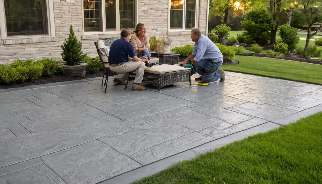 Stamped concrete patio with a slate pattern behind a ranch home in Gary